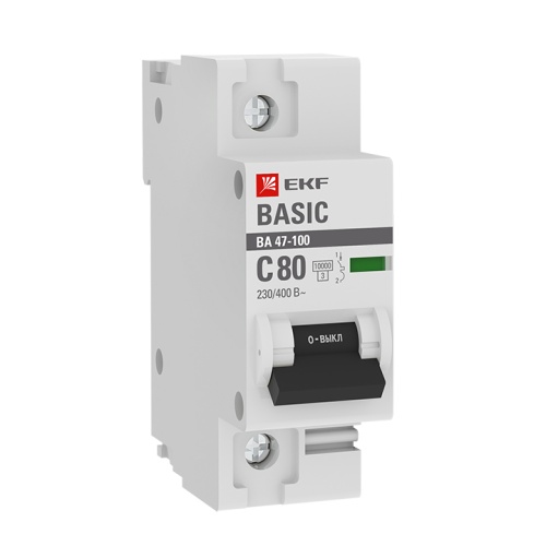 Автоматический выключатель 1P 80А (C) 10kA ВА 47-100 Basic | код  mcb47100-1-80C-bas | EKF